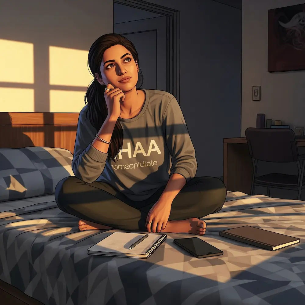 Young Indian woman aged 23 experiencing breakthrough moment of self-discovery while reviewing personality analysis insights on bed