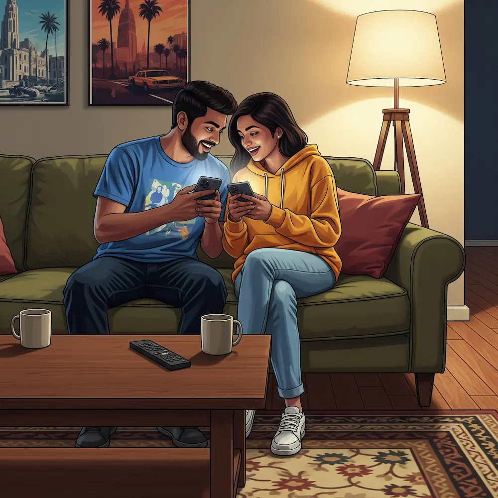 Indian couple aged 26 and 24 sitting together on couch taking personality quiz on their mobile phones simultaneously