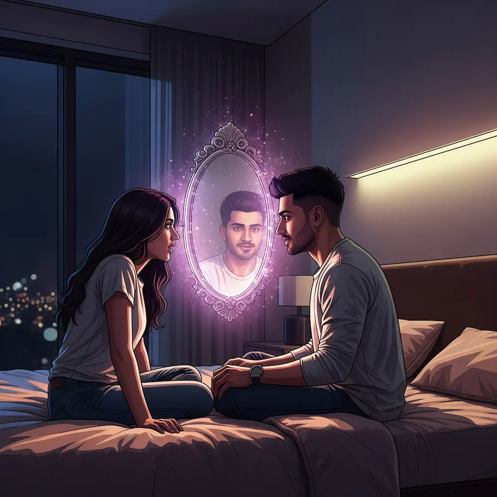 Couple using a free personality quiz app for love language and personality analysis.