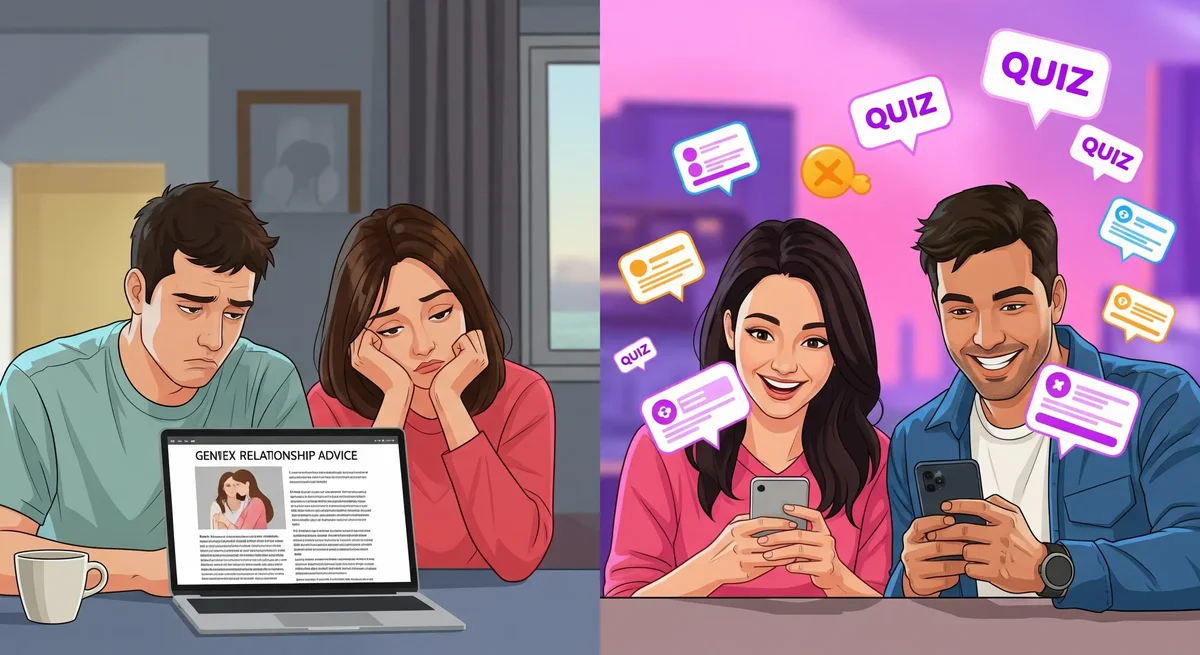 comparison showing boring relationship apps versus fun couple quiz application