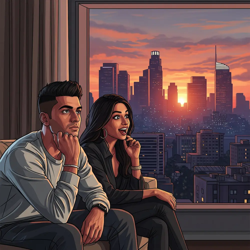 Indian couple having deep conversation, girl asking thoughtful questions to boy who looks contemplative, cozy bedroom setting, warm lighting, GTA 5 art style