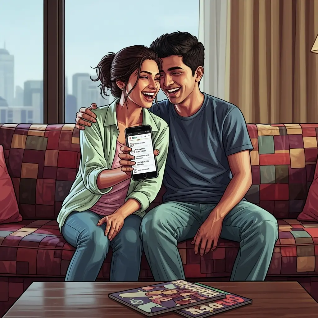 Young Indian couple sitting on a colorful couch, girl playfully teasing boy who looks surprised and amused, both laughing, modern apartment setting, warm lighting, playful mood, GTA 5 art style