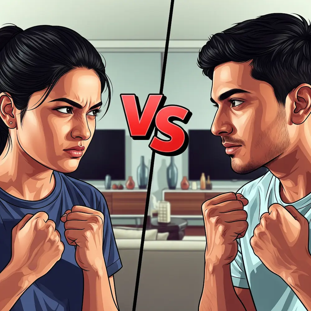 Indian couple in playful competition mode, both looking at their phones, competitive but fun expressions, modern living room, vibrant colors, GTA 5 art style