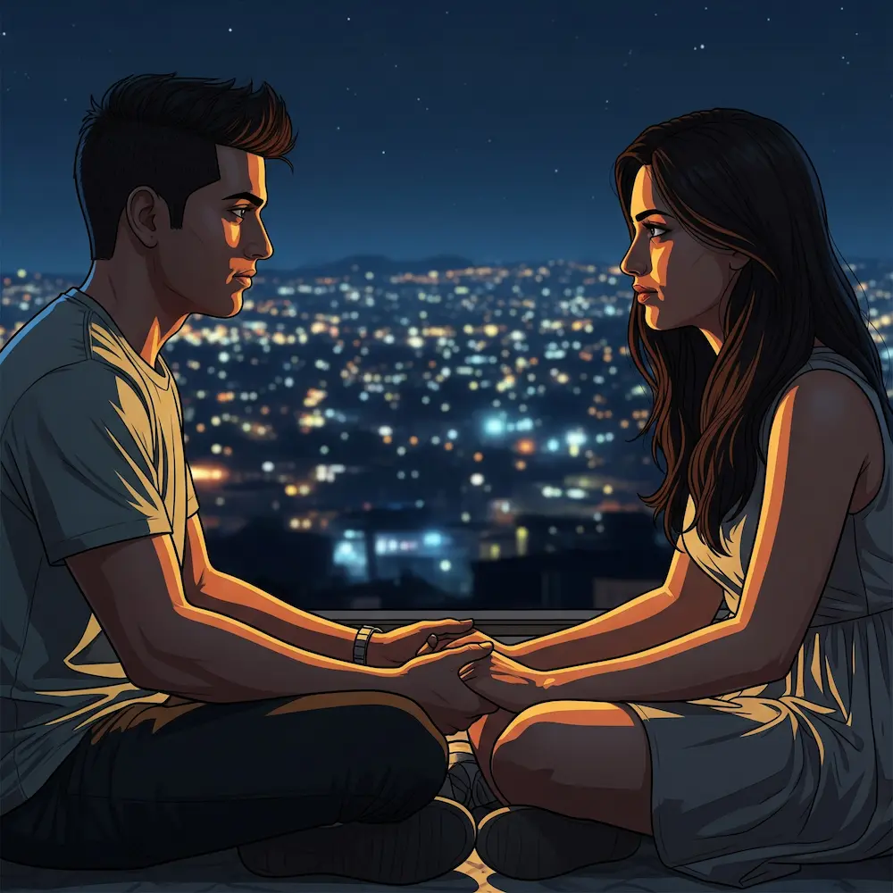 Indian couple having serious deep conversation, intimate setting, thoughtful expressions, warm lighting, emotional moment, GTA 5 art style