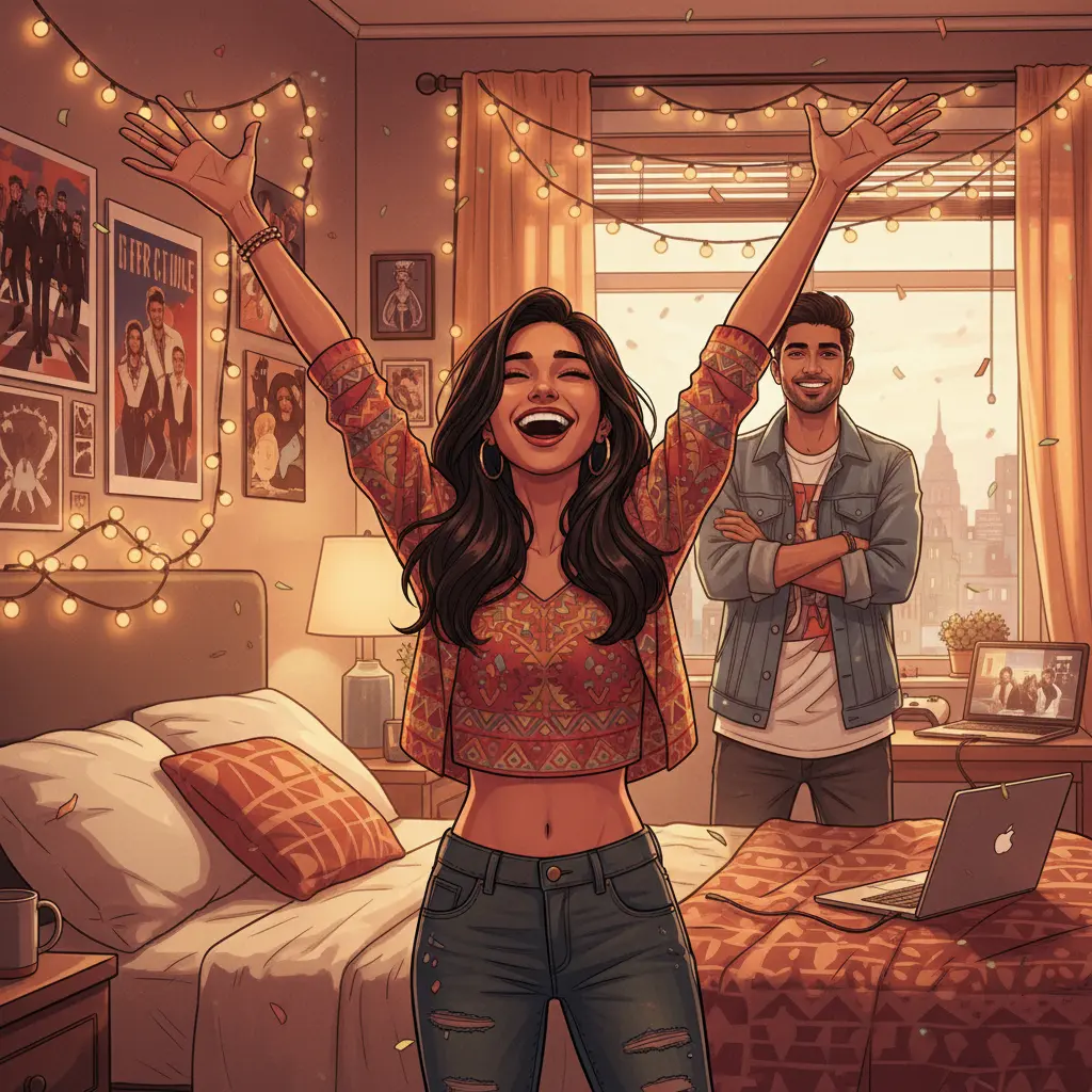 Indian girlfriend looking happy and excited, boy asking her thoughtful questions, sunny outdoor setting, warm colors, GTA 5 art style