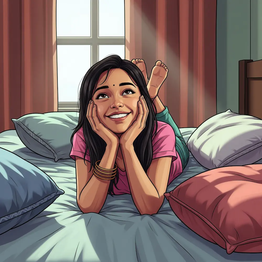 Indian girlfriend smiling at phone, receiving thoughtful questions from boyfriend, happy expression, cozy setting, warm lighting, GTA 5 art style