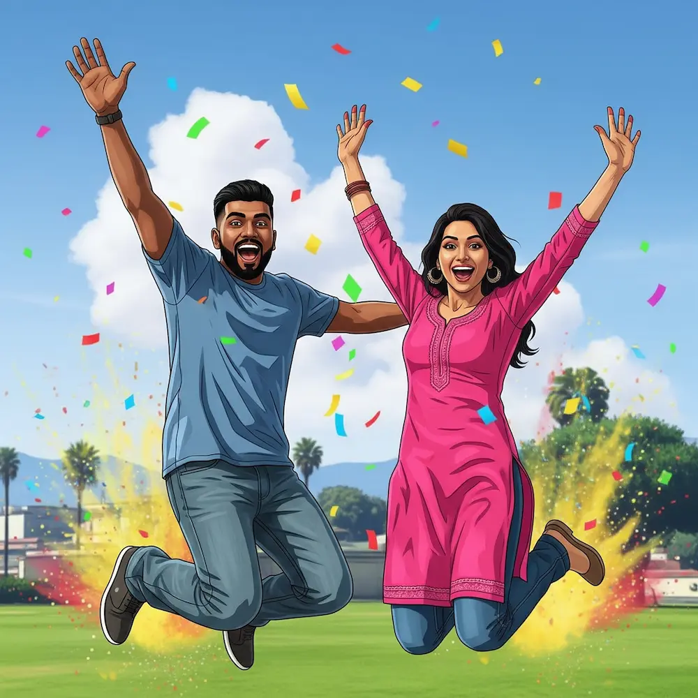 Indian person excitedly creating their first vibe on the Baedrop app, enthusiastic expression, phone in hand, bright setting, GTA 5 art style