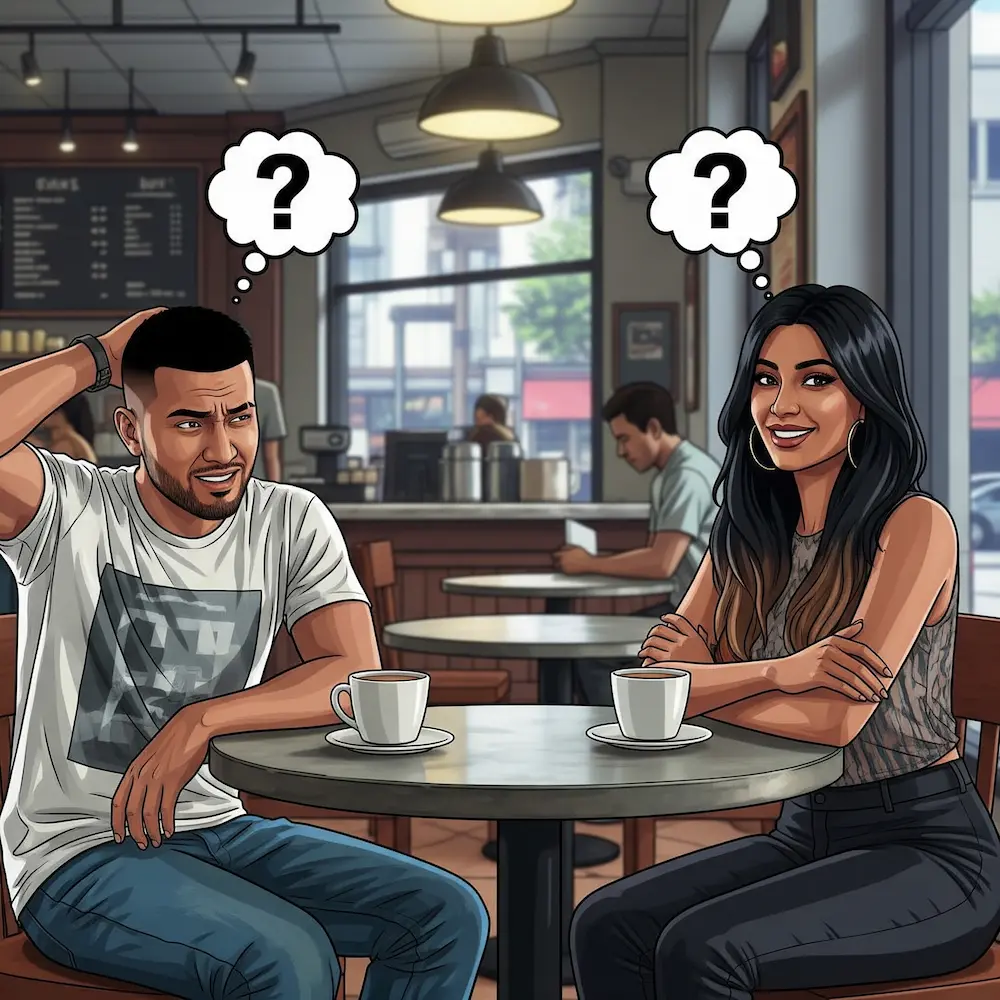 Indian couple sitting opposite each other, boy scratching head thinking hard, girl smiling confidently, thought bubbles above their heads with question marks, cafe setting, GTA 5 art style