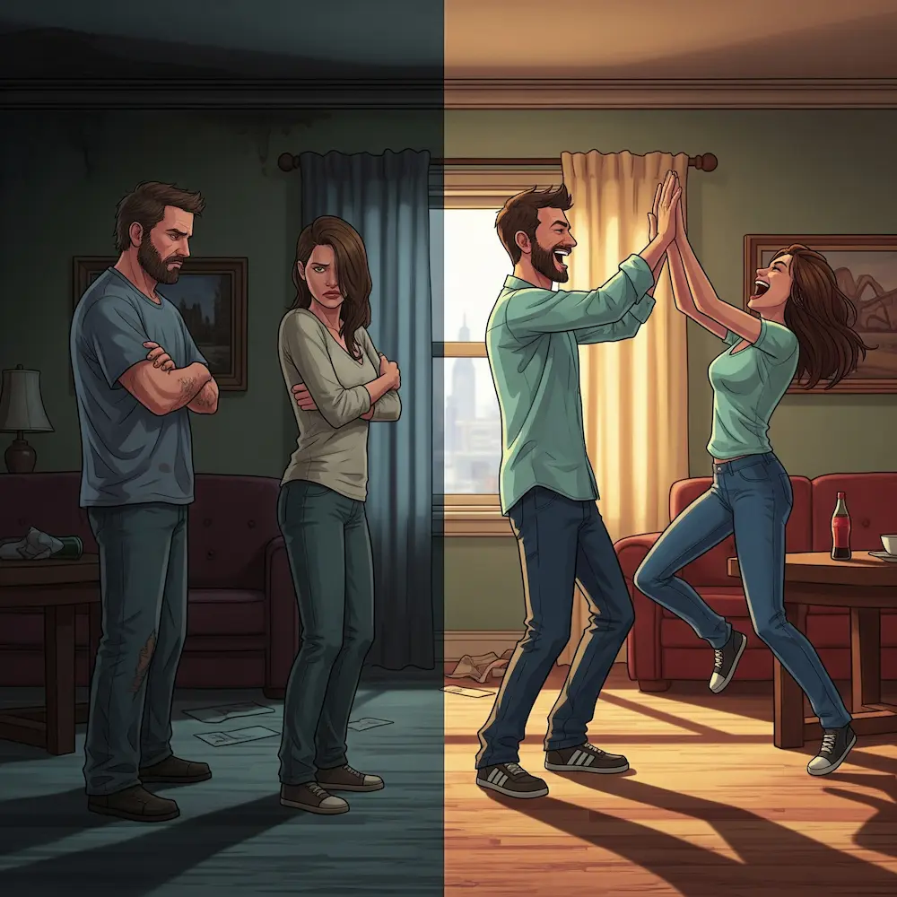 Split comparison showing couple using vibes app versus traditional conversation, showing vibes as more fun and engaging, side by side comparison, GTA 5 art style